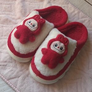 Red and White Plush Character Slippers